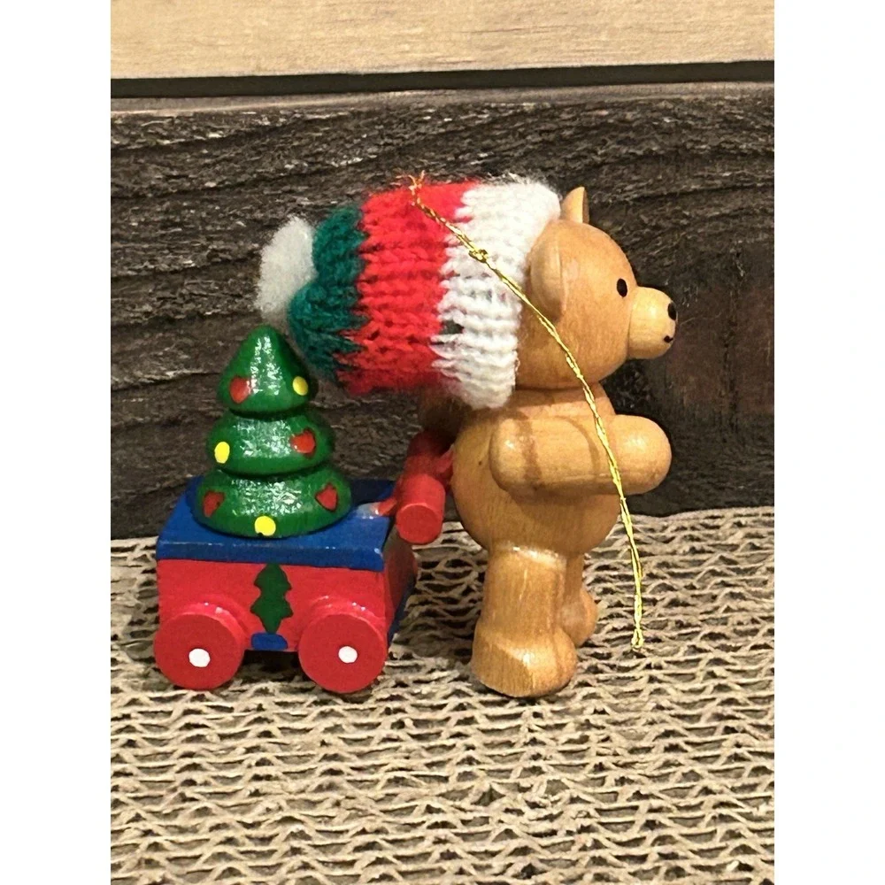VTG 1986 Wooden teddy bear wagon tree heart ornament‎ Xmas decor
